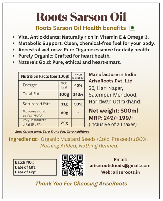 Multiple labels of Roots Sarson Oil with product details and branding.